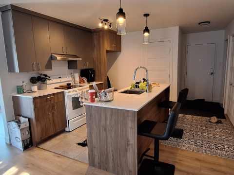 Cuisine du 5½ du 74 chemin St-Jacques avec ilot et comptoir de quartz